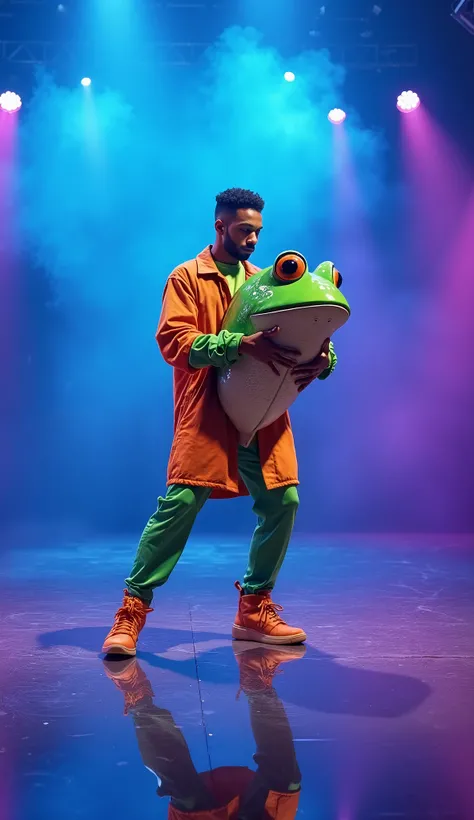 "A young man wearing frog-themed clothes, holding a big frog head, confidently dancing at the center stage. The background is a vibrant mix of blue and purple, creating a dynamic atmosphere. The man’s reflection shines on the glossy floor, enhancing the vi...