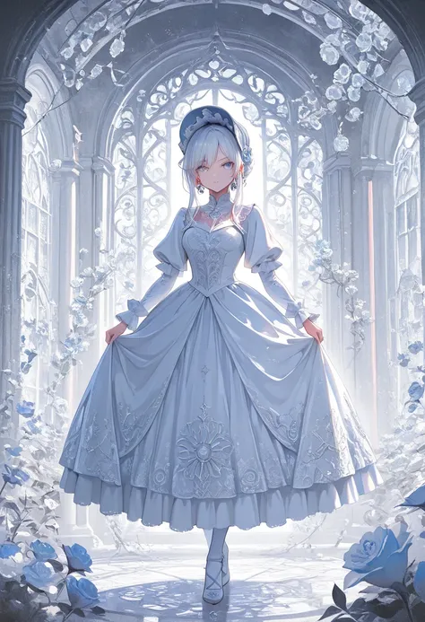 A world where everything is white, white color filter effect, a beautiful woman dressed in a dress and behaving gracefully and elegantly, Gothic dress, Gothic worldview, wonderland, various effects. 
fusion of clockpunk, steampunk and dieselpunk. 
fusion o...