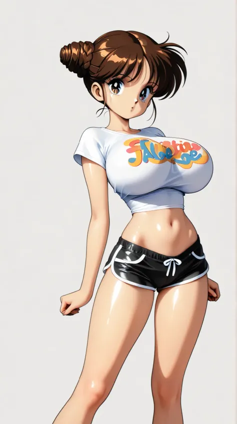 best quality, illustrator anime, cute girl . Very kawaii , round face . alone , Slim , huge breasts , short and small . shiny skin . Pure white tube top T-shirt . shorts . dynamic poses . dynamic angle . No background , White background , looking at the vi...