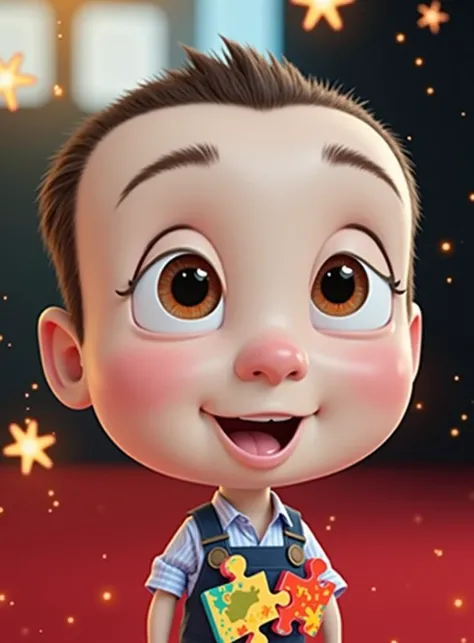 "A highly detailed digital illustration of a  white boy mascot, designed in the heartwarming and imaginative Disney Pixar style. The boy has short, neatly trimmed brown hair, soft brown eyes filled with curiosity, and a gentle, friendly smile that conveys ...