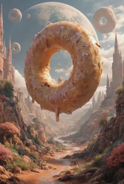 widescreeen format ,a giant donut in a chaotic planet with all sorts of thing happening in the surroundings