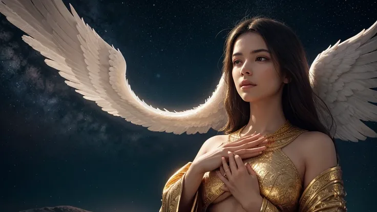 Create a perfect image that shines like gold A spiritual, angelic scene with a central divine figure in a realistic pose surrounded by soft, serene light energy. The background represents the immensity of space, adorned with very bright ethereal clouds and...