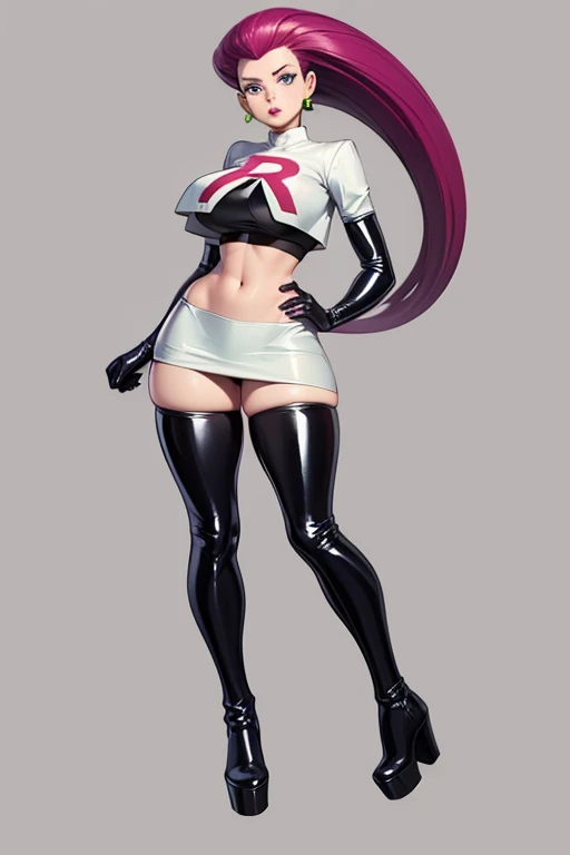 (masterpiece), 1 girl, solo, Absurd, highres, standing, full body shot, bottom up view, Jessie pokemon, hair slicked back, long hair, purple hair, blue eyes, Team Rocket, Team Rocket uniform, white skirt, crop top, thighs, elbow gloves, huge breasts, under...