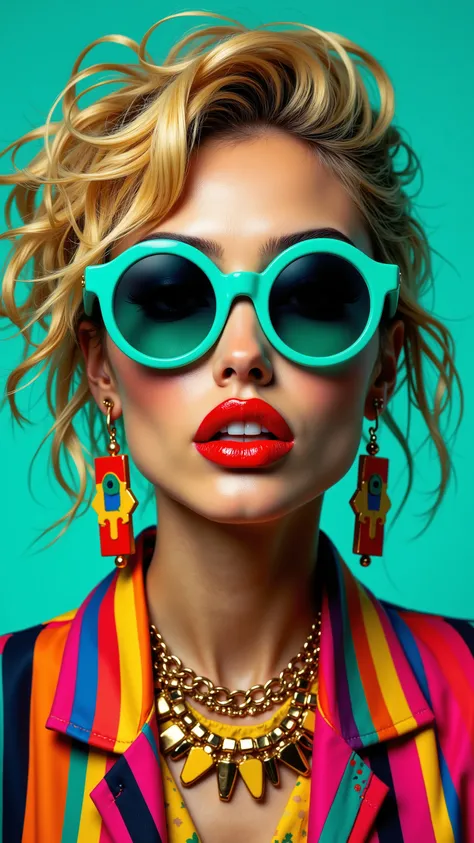 8k, Masterpiece, Top Quality, Vibrant pop art portrait, blonde tousled hair, oversized round teal sunglasses, bright red lips, colorful geometric earrings, gold statement necklace, striped multicolor jacket, turquoise background, high fashion, retro 80s st...