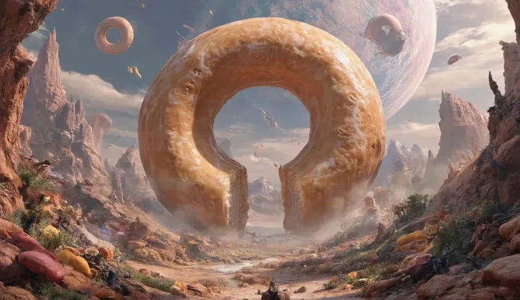 widescreeen format ,a giant donut in a chaotic planet with all sorts of thing happening in the surroundings