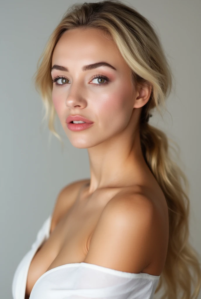 girl, white skin, blonde, 18 years old. makeup