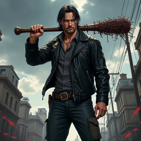 Anime-like image of Rick Grames dressed as Negan and wearing a bat with wires