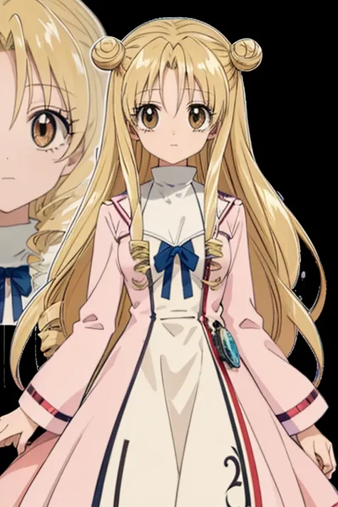 hair_bun drill_hair straight_hair Outfits include pink_dress white_dress mitsuki_fullmoon