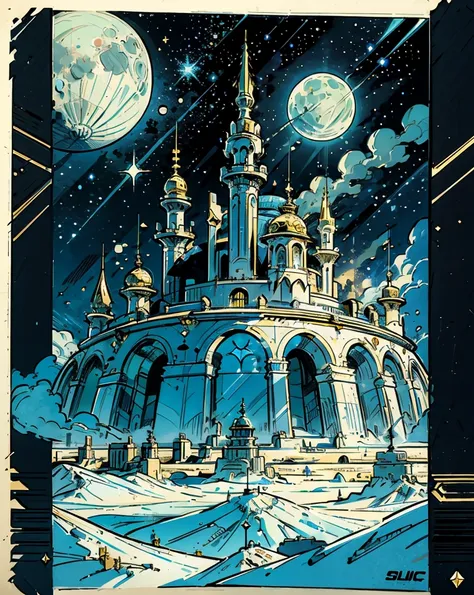 scenery only: a grand huge golden Roman metropolis kingdom made of future tech with ancient style master crafted with gold alloys, bright skies, thin clouds with gold lining, several moons, epic stars in sky,

Hand drawn, sketchy line thick to thin, comic ...