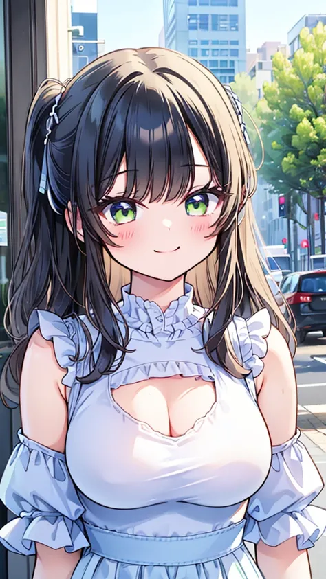 young girl、smile、Cool hairstyle、Blushing、masterpiece、High resolution、16k、Spring clothes in fresh colors、(Very close:1.5)、Explore the city、(Depicting the upper body:1.5) cleavage in years,Big Breasts,