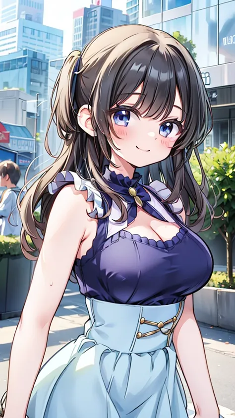 young girl、smile、Cool hairstyle、Blushing、masterpiece、High resolution、16k、Spring clothes in fresh colors、(Very close:1.5)、Explore the city、(Depicting the upper body:1.5) cleavage in years,Big Breasts,