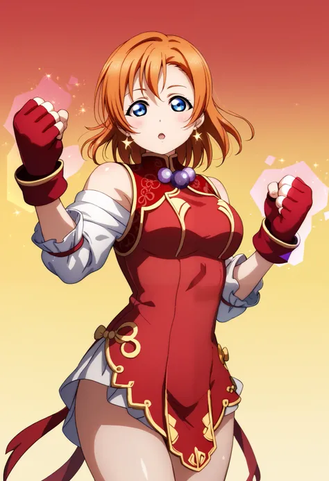 Shiny skin, official artwork, love live,kousaka honoka , love live, blue eyes, orange hair,earrings , standing, pearl (gemstone), off-shoulder, white sleeves, fingerless gloves, short china dress, thighs, gradient decorative background, detailed shading,so...