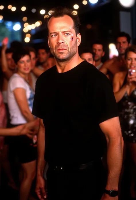 Bruce Willis, black t-shirt, muscle body, black hair, night, light, celebrate, famous, party, 2000s, 