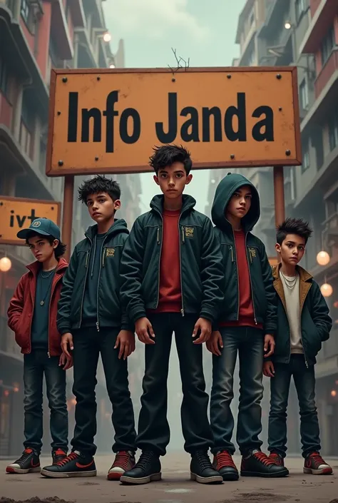 Group of boys standing some smoking and some dressed liked a gangster in front of them is a big name saying INFO JANDA