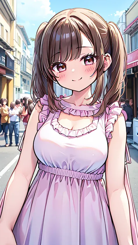 young girl、smile、brown hair,Cool hairstyle、Blushing、masterpiece、High resolution、16k、Spring clothes in fresh colors、(Very close:1.5)、Explore the city、(Depicting the upper body:1.5) cleavage in years,Big Breasts,