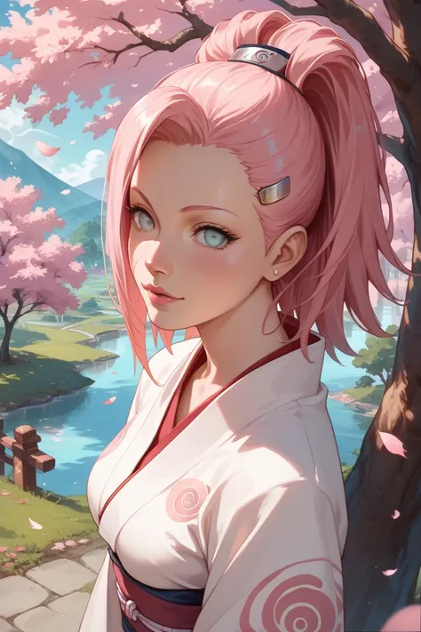 sakura haruno (Naruto) wearing a beautiful kimono ,  long pink hair, above a tree on an angelic background 