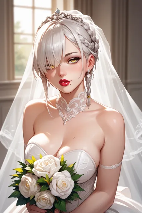 Female. Pale yellow eyes. White long hair styled in a braid. Bangs covering right eye. Mole under left eye. Half open eyes. Lipstick on bottom lip. Wedding dress.