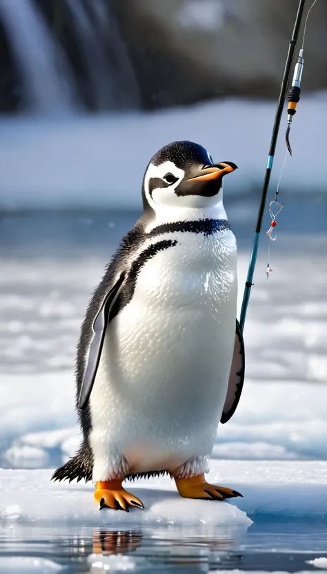 best quality, super high definition , (Photorealistic:1.4), RAW photo, A cute penguin standing on ice, holding a fishing rod that bends dramatically, pulling hard with excitement. As it lifts the line, a tiny fish dangles from the hook. The penguin