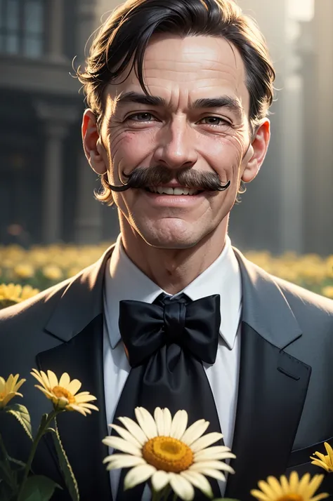 Close-up. 3/4 view. Very dinamyc scene. A cartoon portrait of a cheerful older man with a wide smile. Holds a chamomile flower in his teeth. Stands proudly. Holds and hides the gift with his hands behind his back. In a formal tuxedo, a thin mustache on his...