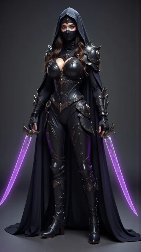 1girl, solo, ((female elf)), long hair, purple eyes, serious, busty, large breasts, slim waist, (((black assassin's facemask))), fingerless gloves, (((black hooded cape, cloak)))), assassin, ((((full black fantasy assassin's body armour))), (((hooded))), (...