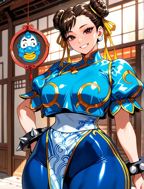 ((chun li)), (( masterpiece )), (( High resolution)), ((retrato Alone)), {( attractive figure ), (wide thighs), (pechos grandes),(brown hair), (beautiful brown eyes), ( long eyelashes ), (happy smile)}, ( thick thighs), ((rear grande)),(( double bun )),((b...