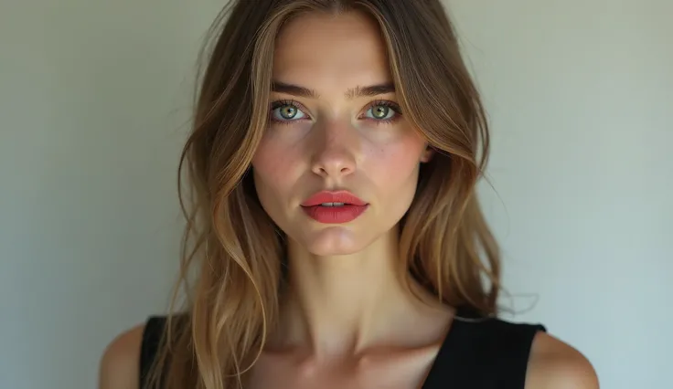 Shopie: (25 years old female, long straight light brown hair, waist length, fair skin, green eyes, matte red lips, she wears simple black dress. realistic human image in high definition and resolution. 8k quality.)