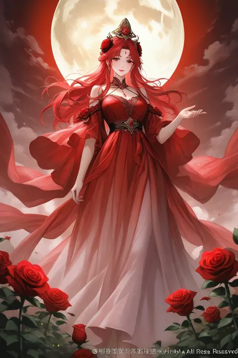 a woman in a red dress with a rose on her head and a full moon in the background with a red rose in her hair, Fan Qi, fantasy art, anime art, a detailed painting