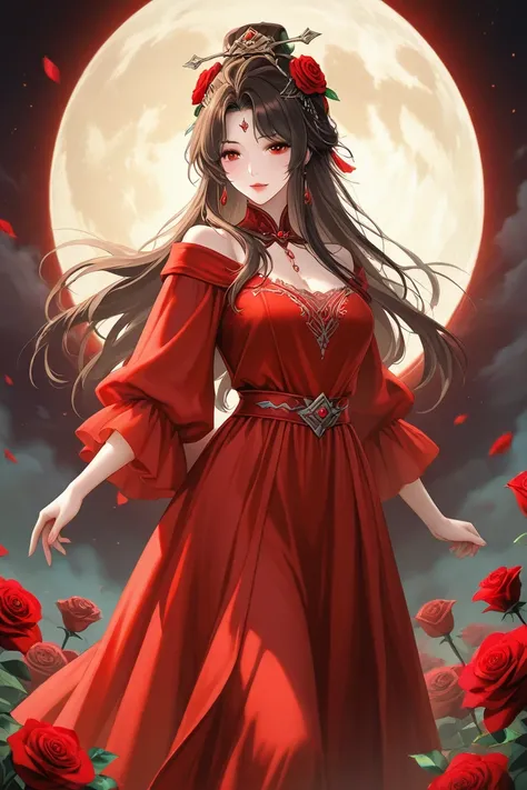 a woman in a red dress with a rose on her head and a full moon in the background with a red rose in her hair, Fan Qi, fantasy art, anime art, a detailed painting