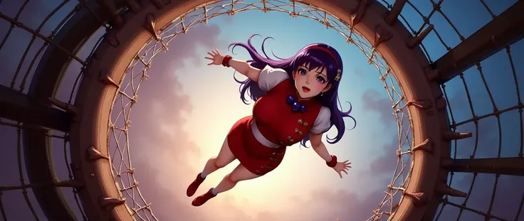 ((anime)),  1 woman, AA98 , She's falling from the sky,  detailed face,  The location is on a ring surrounded by wire mesh , cinematic lighting, glowing light, 8k, UHD, super detail, best quality,  highres, masterpiece