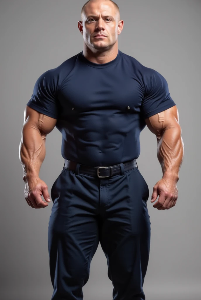 Image of a 20-year-old American Navy man in uniform, with a shaved head and stocky, muscular build, standing