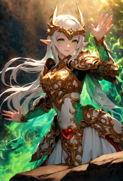 Blood Elf, Paladin, female, waving white hair , green burning eyes,  ornate armor ,  plate armor heart-shaped cutout, Stands on a rock , Alone Person, Alone, detailed armor , Something sexy ,  looks at the camera, smiles slightly, HD,  detailed face , a pe...