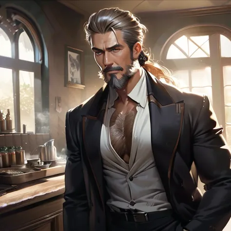 Male, middle aged, salt and pepper hair, medium long hair, slicked back hair, hazel eyes, salt and pepper beard, neat beard, dadbod, well dressed, anime style, realistic cgi