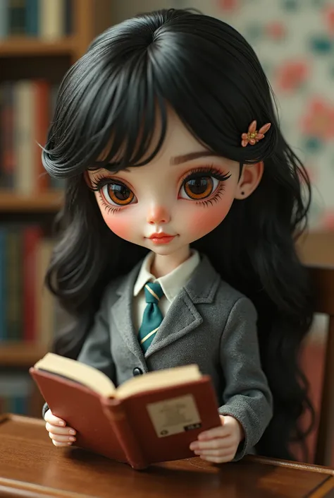 Lowbrow art, Create a doll-like version of a little asian secretary reading a book inside a quaint little office, invoking simple country flair. She has pale, porcelain-like skin with faint blushes of crimson on her cheeks, her oversized brown eyes shimmer...