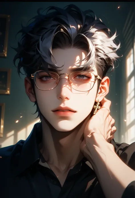 (Fraction_9, Fraction_8_up), Fraction_7_up, Adult male,  Messy black hair, grey highlights  ,  1 boy ,  black eyes,  without expression  ,male Key Points, Key Points, out of frame, Reality , Hold your chin， Black Frame Glasses，bigotry，Yandere，Godless Eyes，...