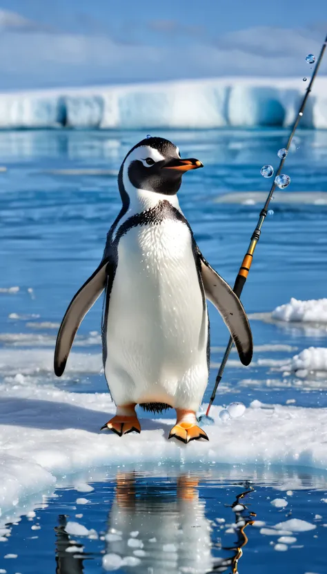 best quality, super high definition , (Photorealistic:1.4), RAW photo,A cute penguin standing on an icy surface, looking slightly annoyed, tossing away a fishing rod. It then dives into the ocean alongside its penguin friends. The water is crystal clear,...