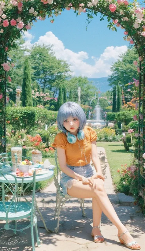  A young 18-year-old anime character, with radiant medium blue hair  (#549ed9),  hair cut at shoulder length and styled with elongated tips in the front (beak style ),  highlights her modern and captivating look while sitting in an outdoor cafeteria in an ...