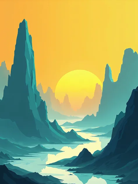 A Minimalist illustration of an Off world. With blue, teal gold and orange palette. another world video game style.