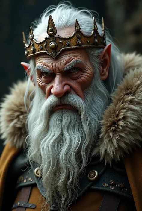 full body picture of an old and sick dwarf king, extremely detailed face, long white beard, rusty crown, aged Skin, piercing eyes, regal pose, epic, cinematic lighting, award winning artwork, masterpiece, fantasy, digital art, hyper detailed, ultra realist...