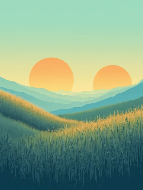 A Minimalist illustration of an Off world wild grass fields .With blue, teal gold and orange palette. another world video game style. Two suns.