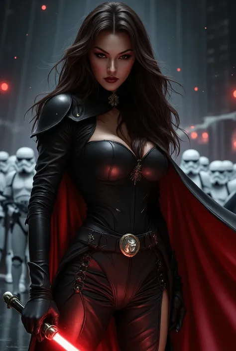 Woman as a Mara Jade Skywalker with perfect eyes with long black hair, dressed in tight leather turtleneck combat outfit with pauldrons, using a red lightsaber, a hooded red cape, strong seductive makeup, bedroom eyes, evil smirk, arrogant smirk, cinematic...