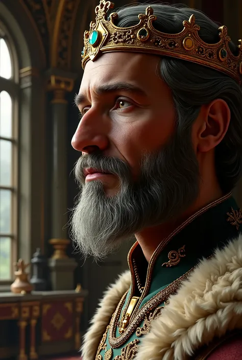 Mysterious King , side view , gray hair, closer look, simple crown, castle room background