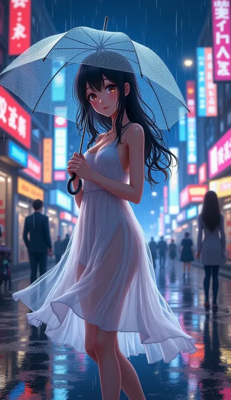 An anime-style illustration of a girl standing on a rainy city street at night. She is wearing a flowing, see-through, sleeveless white dress that flutters gently in the breeze, with intricate shading and highlights to emphasize the fabric’s delicate textu...