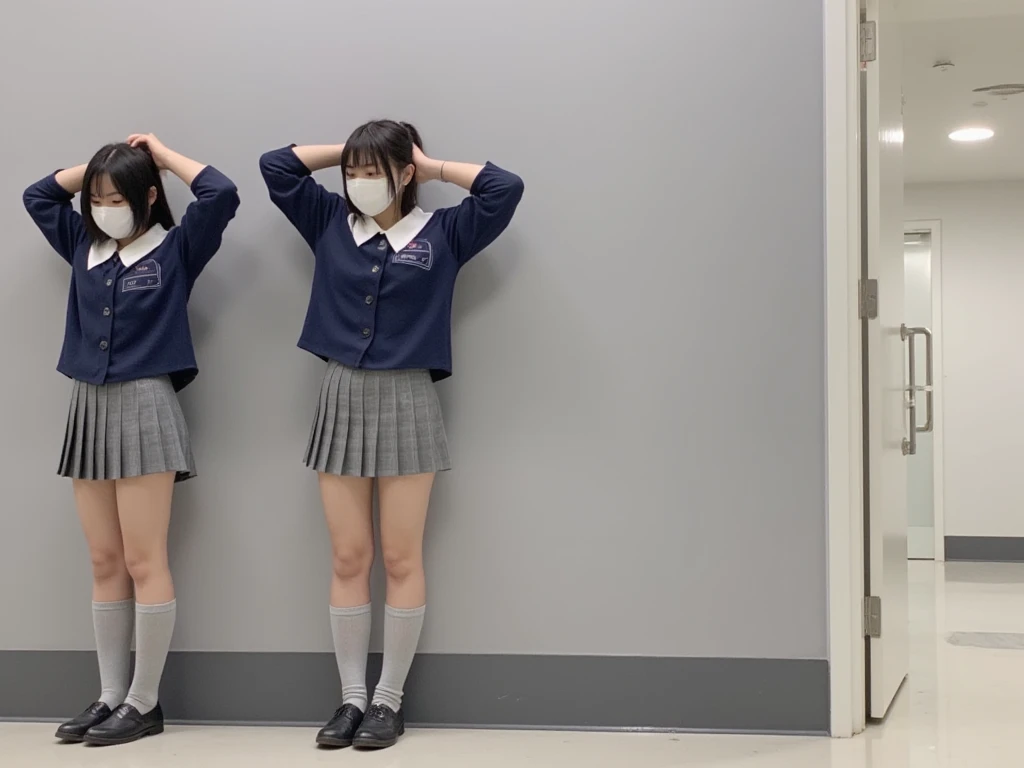 2 Japanese High School Girls 、Line up by the wall in the high school hallway、 black hair long hair、Feet Long Feet、 navy jacket 、White collared long sleeve shirt、Grey checked mini skirt、The length of the skirt is so short that I can see my underwear、 grey h...