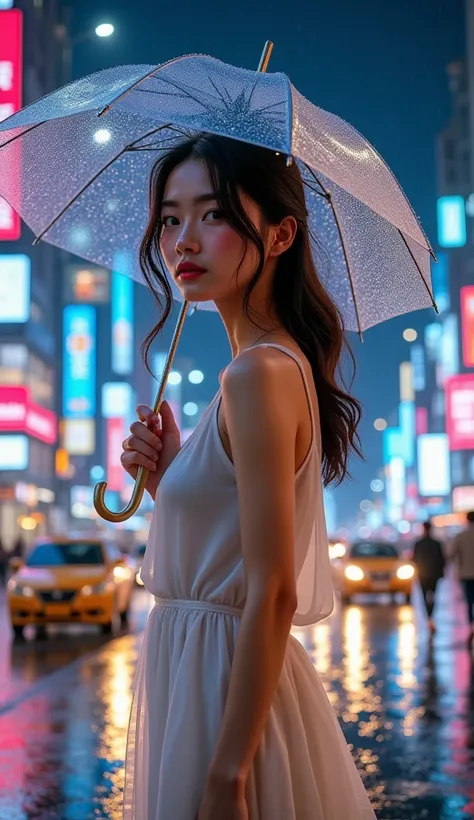 A cinematic portrait of a girl standing on a bustling street, dressed in a see-through, flowing white sleeveless dress that dances lightly with the breeze. She holds a transparent umbrella speckled with raindrops, shielding her from the soft drizzle of a r...