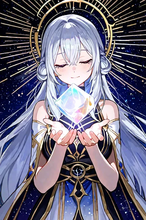 A Girl with silver hair her eyes closed standing at space Divine Cubes around her in sky