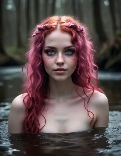 dark fantasy dark fantasy 1970s artwork of a beautiful girl smiling in a lake, ((symmetrical front view She is a woman of overwhelming beauty and allure, with an aura of power and danger. Her long pink hair flows in soft waves, catching the light and enhan...