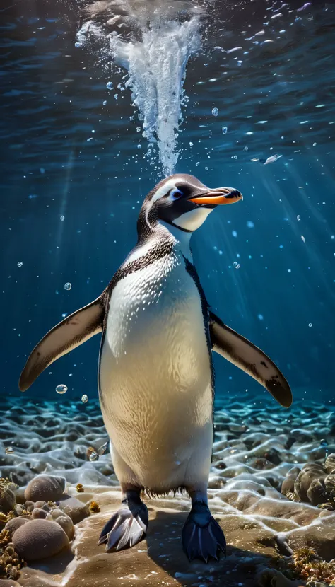 best quality, super high definition , (Photorealistic:1.4), RAW photo,A determined penguin underwater, holding onto a massive fish that is even larger than itself. The penguin has a triumphant and proud smile on its face, surrounded by shimmering ocean l...