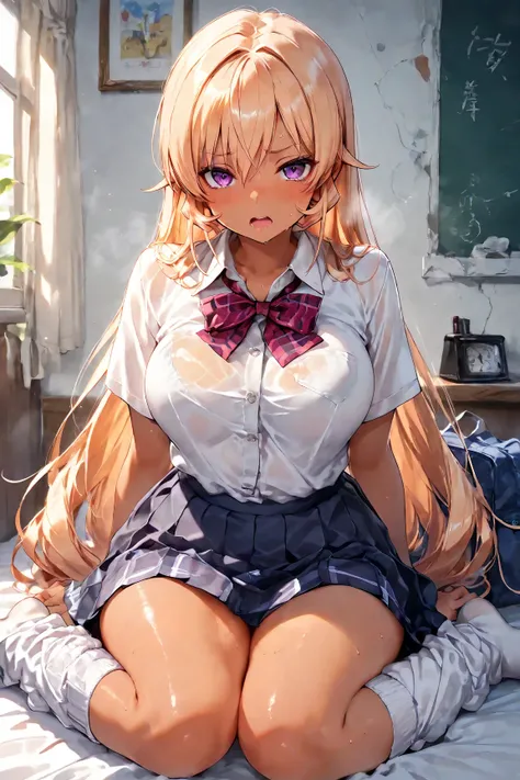 full body, girl on the bed,nakiri erina, nsfw, (dark skin:1.4), (dark-skinned female:1.4), tan, metallic tan, (curvy,medium breasts),((sexy),（School uniform, loose socks) beautiful detailed eyes, purple eyes,(cute eyes), (Carving Waistline), Best Quality, ...