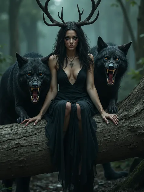 A beautiful seductive wounded woman with antlers sitting on a big tree log,demon wolves around her with Sharp bloody teeth , dark realistic photography, Dark surreal art, Dark makeup 