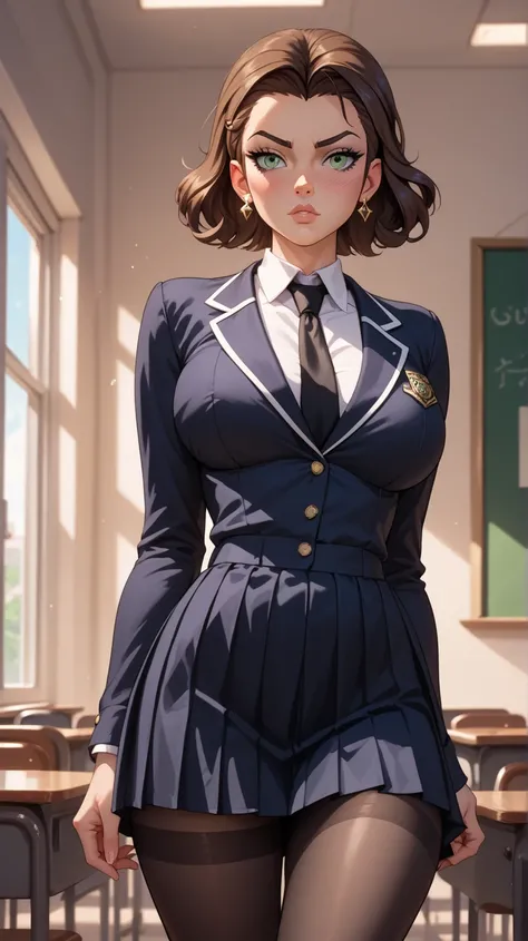  brown hair,  green eyes,  blushed face ,  schoolgirl clothes (camisa blanca, black tie, black flick,  long black tights),  voluptuous body, notable curves